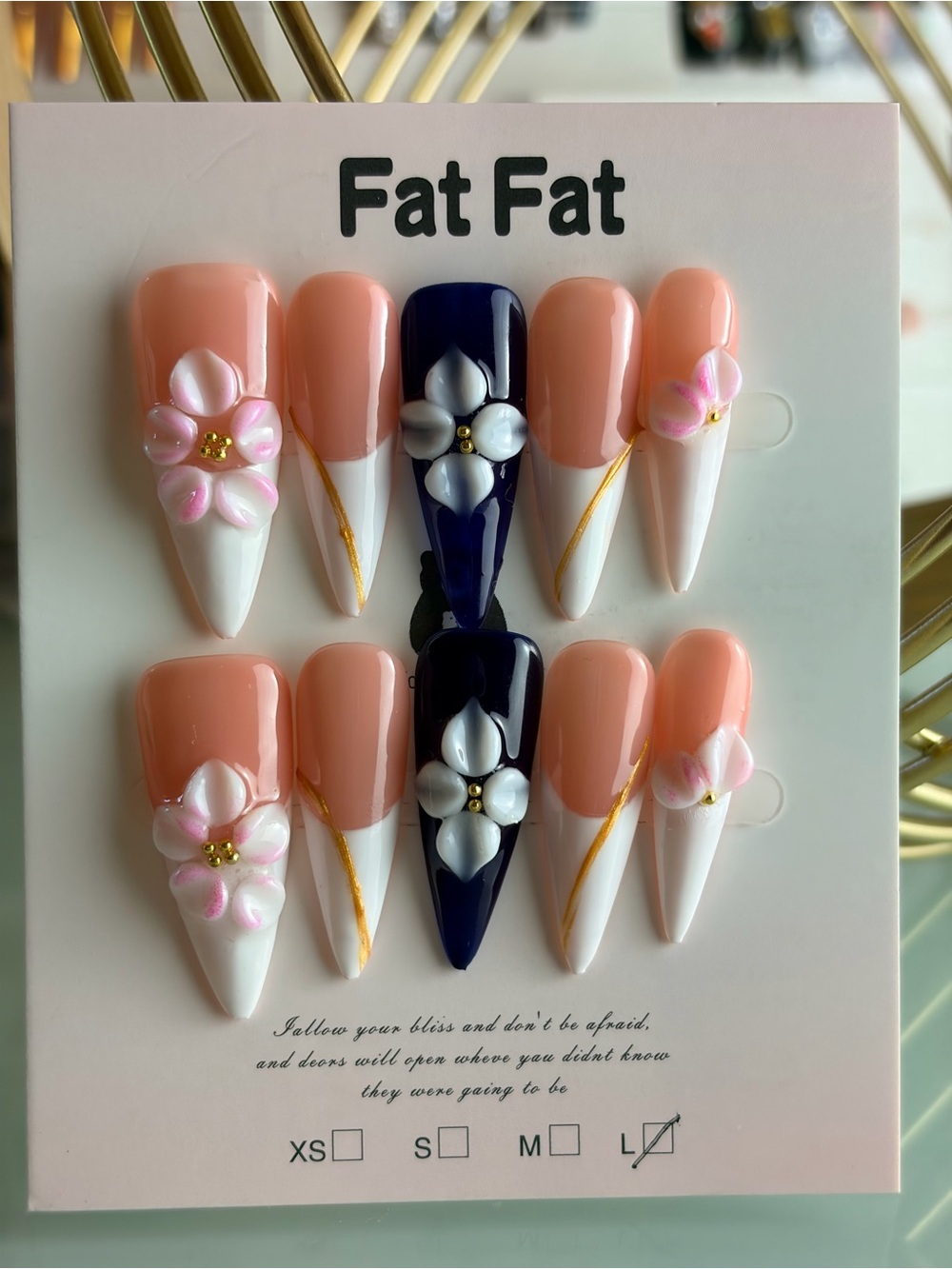 Floral Pink & Navy Stiletto Press-On Nails Large
